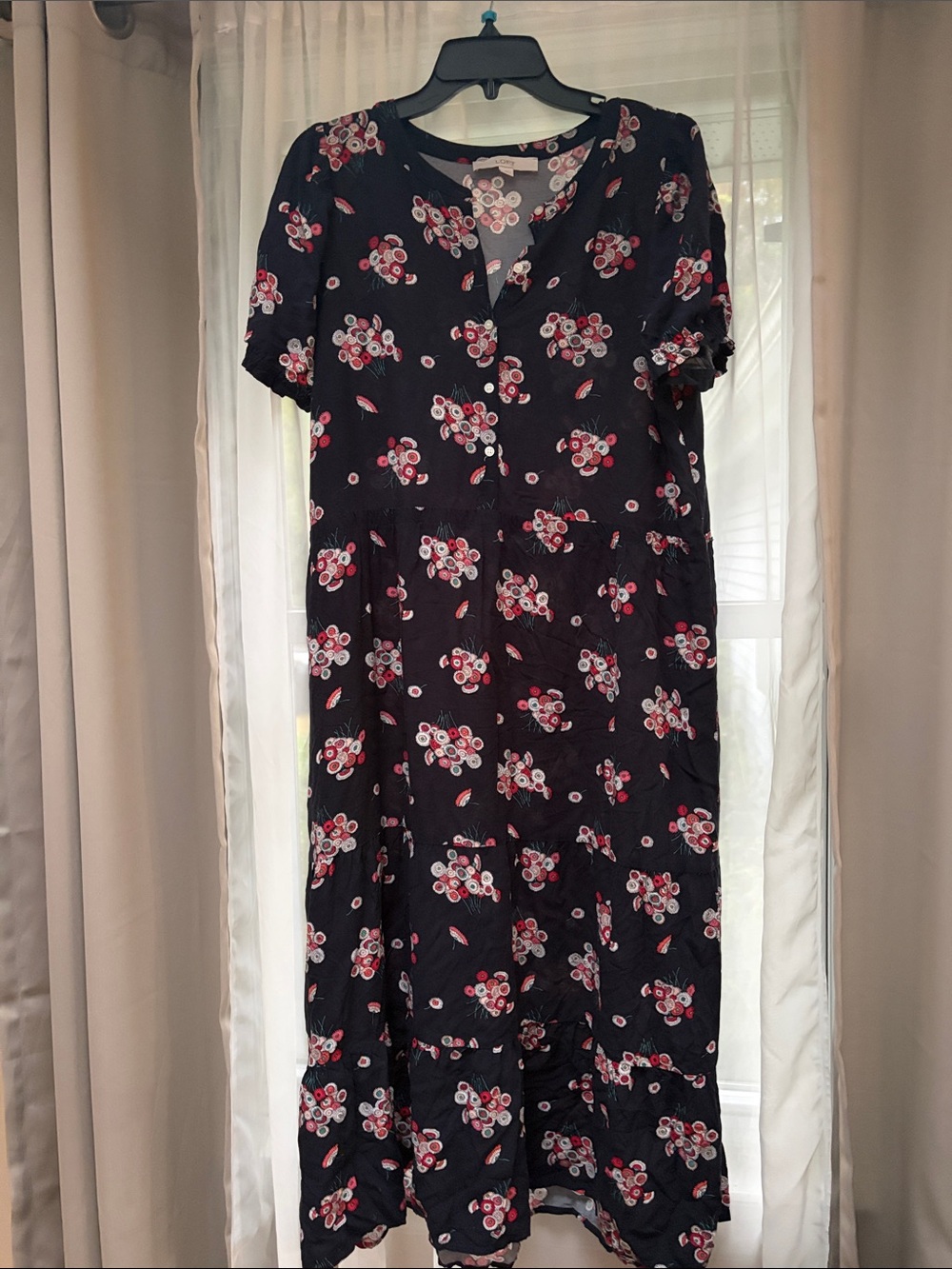 Loft lWomen's Black Floral Midi Dress - Pink & White Flower Print
